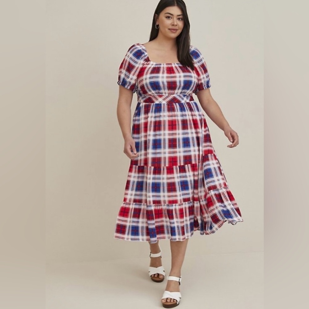 Torrid Plaid Puff Sleeve Tiered Dress Sz 00 10/M